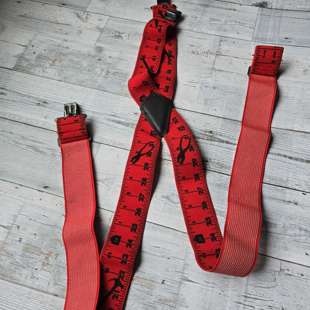 Men's Suspenders X Style Black on Red Measuring Tools - Picture 5 of 7